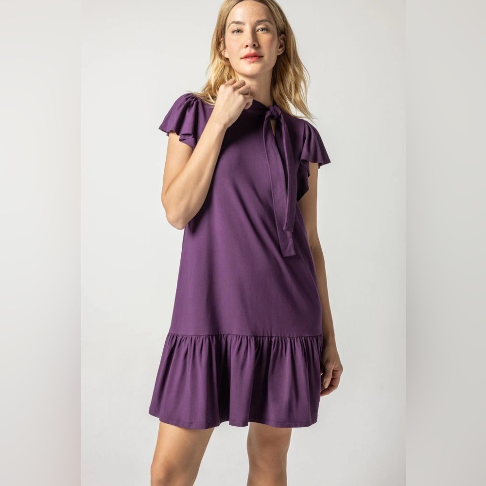 NWT LILLA P Tie Neck Peplum Dress - Plum - Size Small